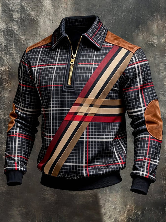 Men's Retro Color Block Print Zipper Sweatshirt