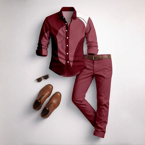 Men's Casual Claret Color Matching Geometric Printed Long Sleeved Shirt & Trousers Two-Piece Set