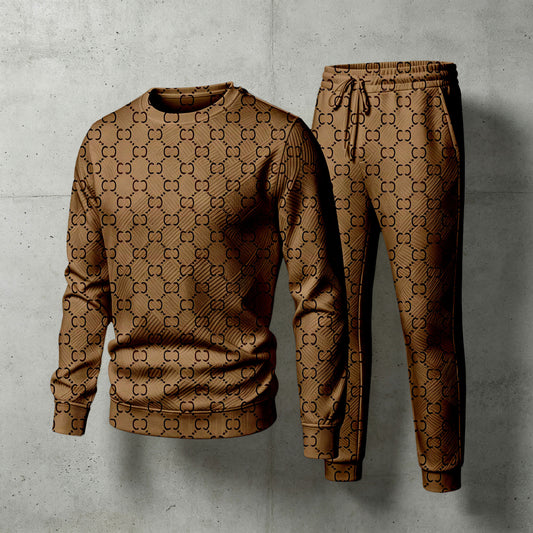 Men's Brown Crew-Neck Long-Sleeve Shirt and Pants Set