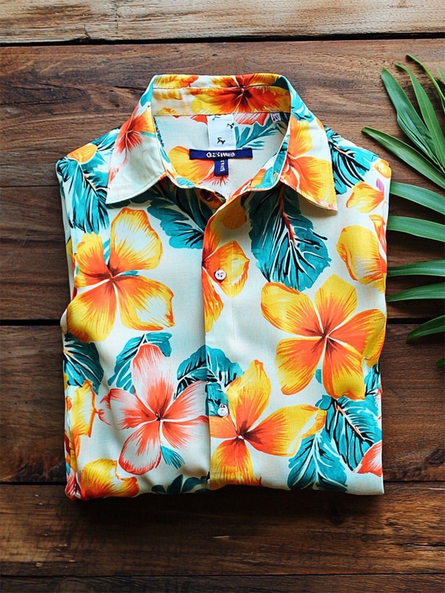 Men's Satin Luxe Hawaiian Print Short Sleeve Button Shirt