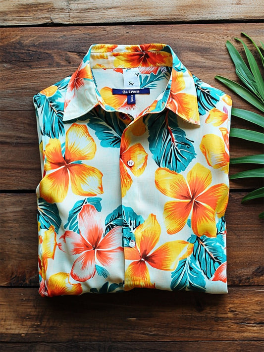 Men's Satin Luxe Hawaiian Print Short Sleeve Button Shirt