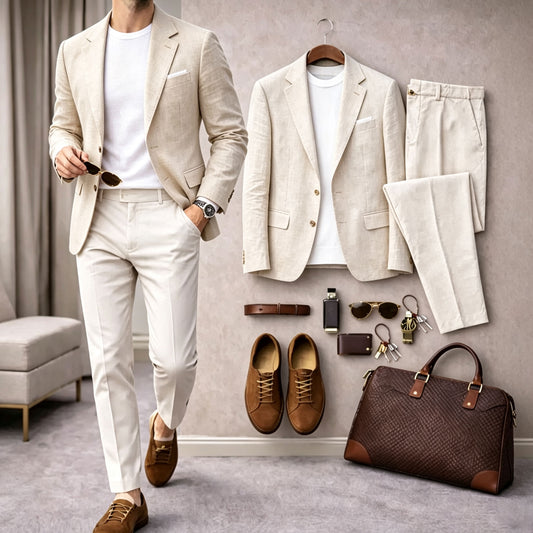 Men's Solid-Color Long-Sleeve Shirt and Long Pants Suit Set