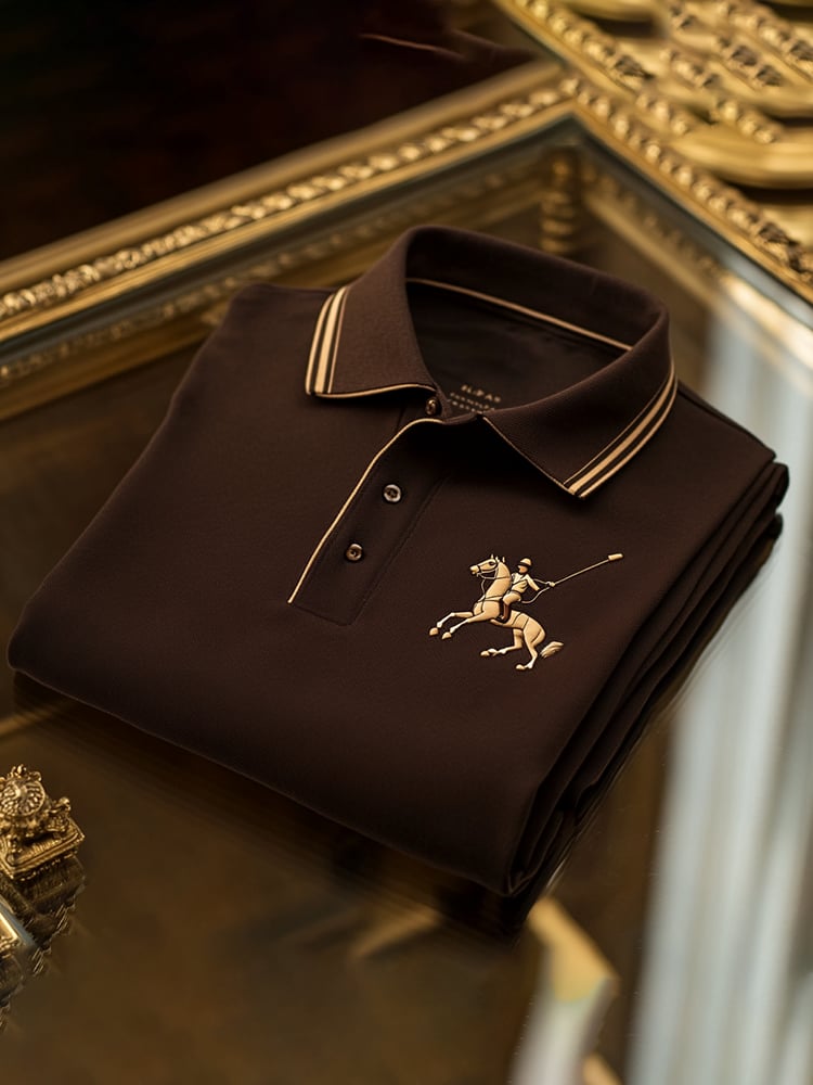 Men's Classic Business Check Logo Button Short Sleeve Polo Shirt
