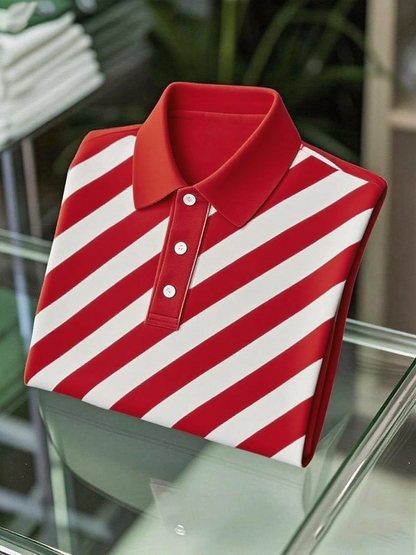 Men's Business Casual Striped Button Short Sleeve Polo Shirt