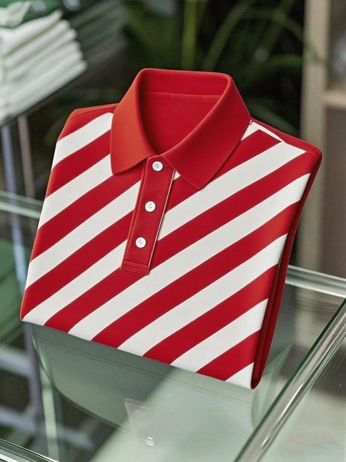 Men's Business Casual Striped Button Short Sleeve Polo Shirt