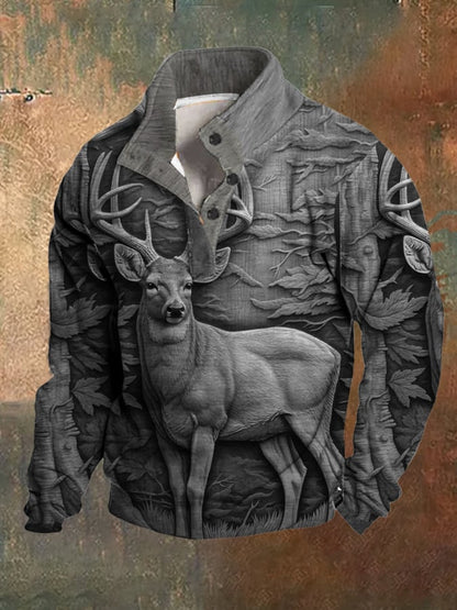 Men's Fleece Western 3D Forest Deer Hunting Stand Collar Sweatshirt