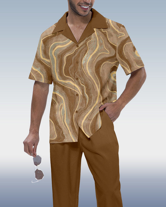 Rianmond Men's Coffee Print Short Sleeve Shirt Walking Set 376