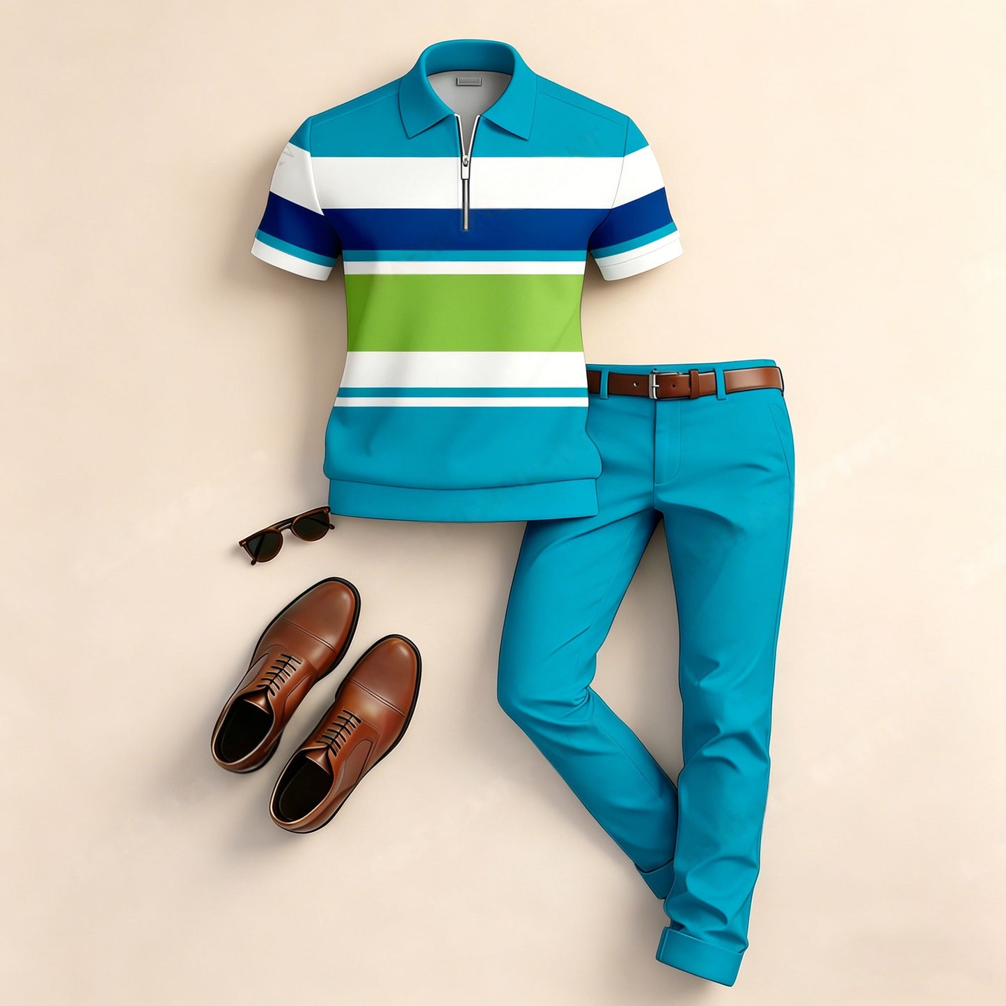 Men's Casual Horizontal Striped Color-Block Print Short-Sleeve Polo Shirt And Pants Two-Piece Set