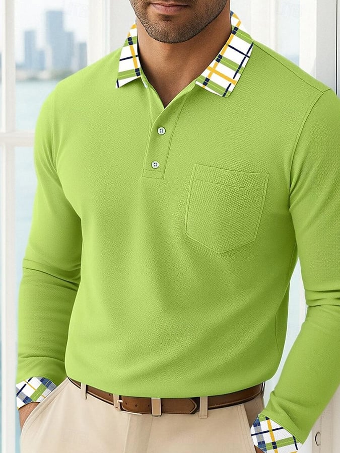 Men'S Casual Patchwork Printed Long-Sleeved Polo Shirt