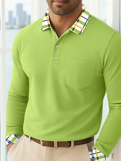 Men'S Casual Patchwork Printed Long-Sleeved Polo Shirt