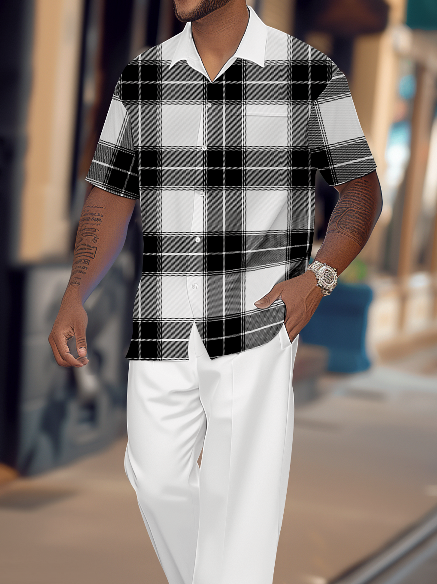 Men's Gorgeous Color Block Short Sleeve Shirt Walking Suit 1175