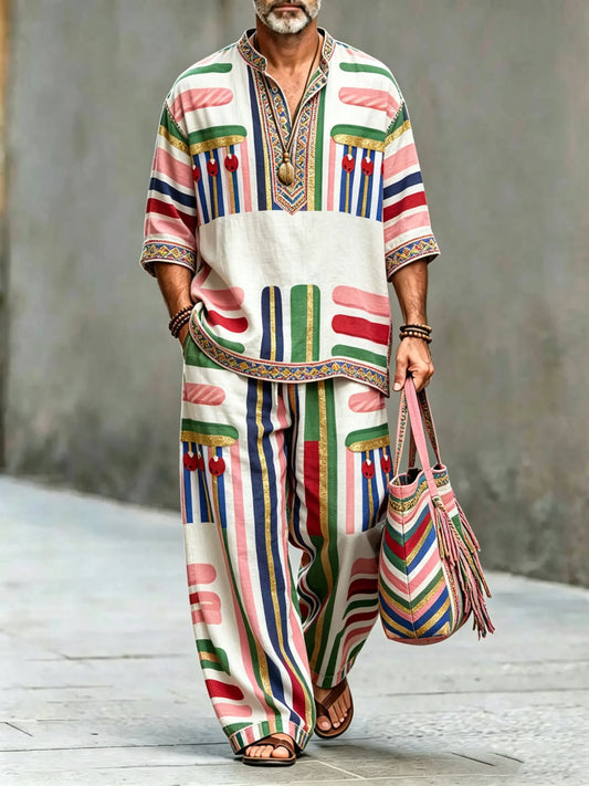 Men's Vintage Abstract Art Printed Cotton Shirt Set (Top & Pants)