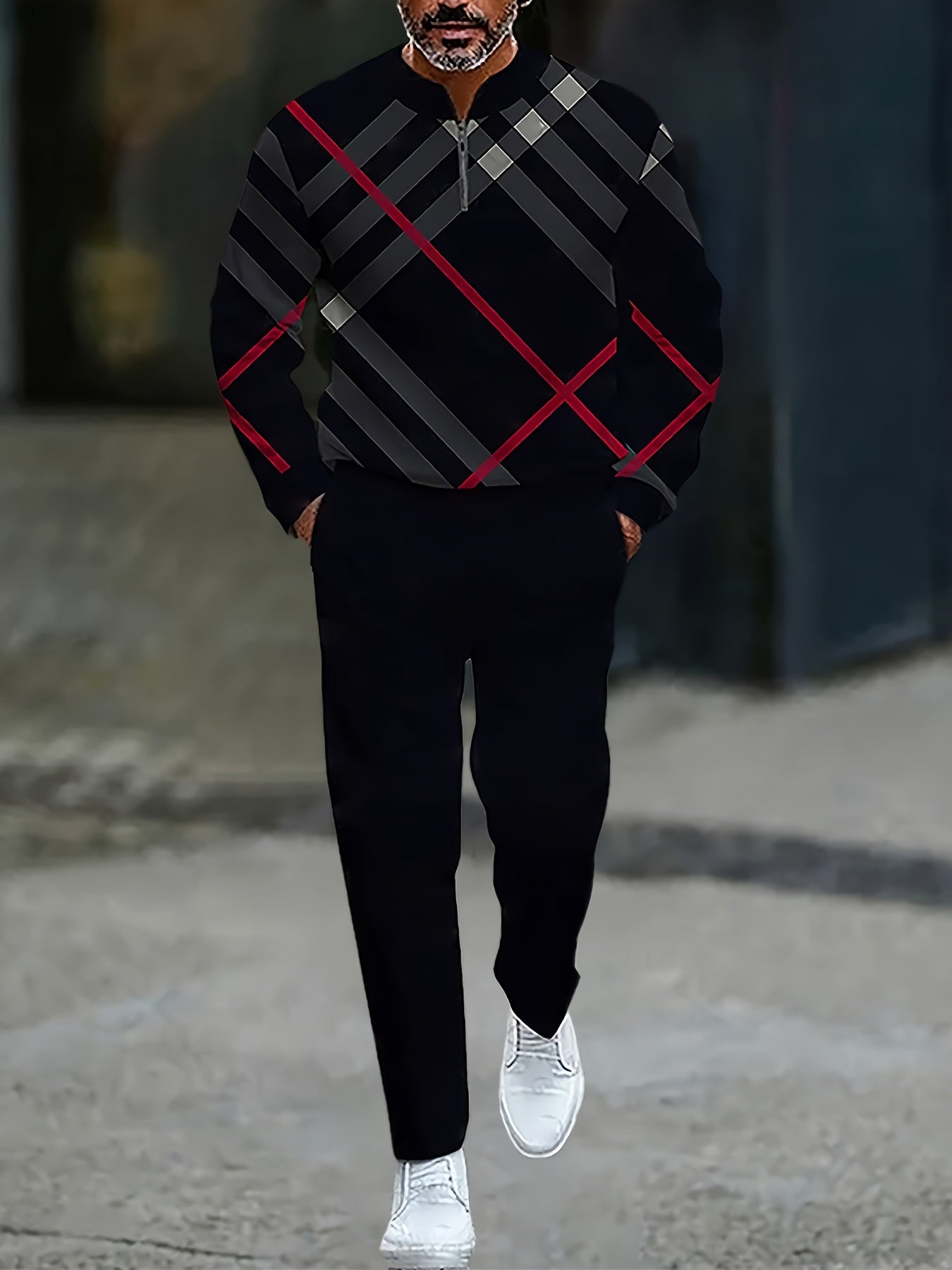 Men's Casual Color Matching Printed Round-Neck Zipper Long Sleeved Trousers Two-Piece Set