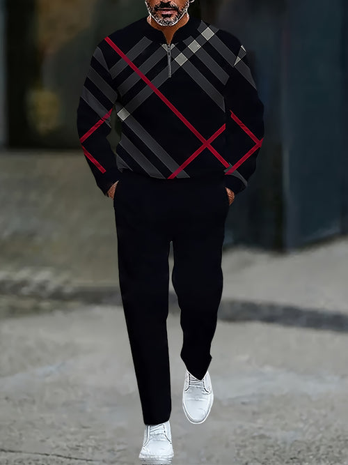 Men's Casual Color Matching Printed Round-Neck Zipper Long Sleeved Trousers Two-Piece Set