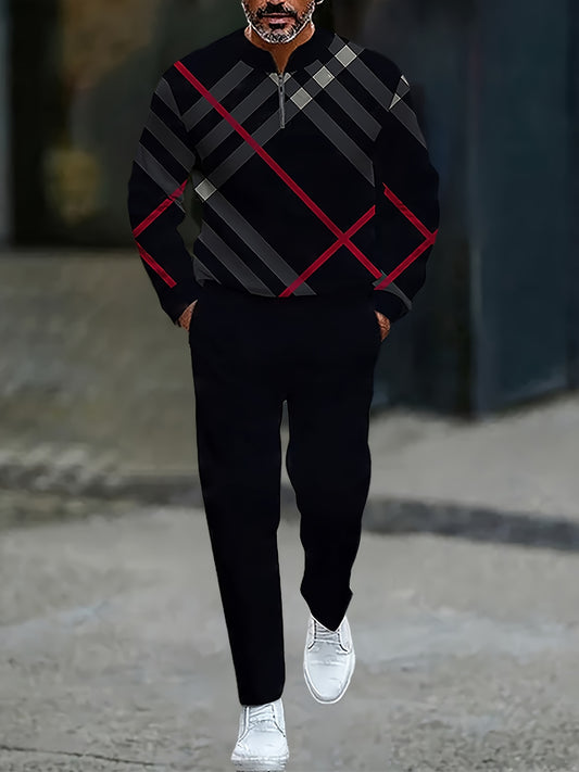 Men's Casual Color Matching Printed Round-Neck Zipper Long Sleeved Trousers Two-Piece Set