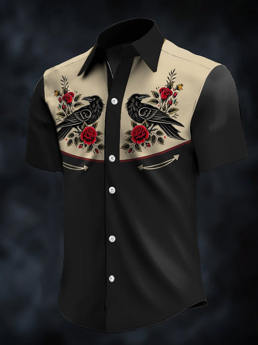 Men's Retro Western Contrast Print Short Sleeve Casual Shirt