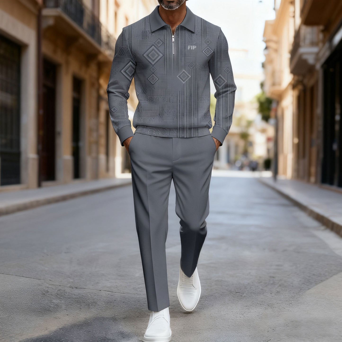 Men's Casual Gray Color Matching Geometric Printed Polo-Collar Zipper Long Sleeved Trousers Two-Piece Set