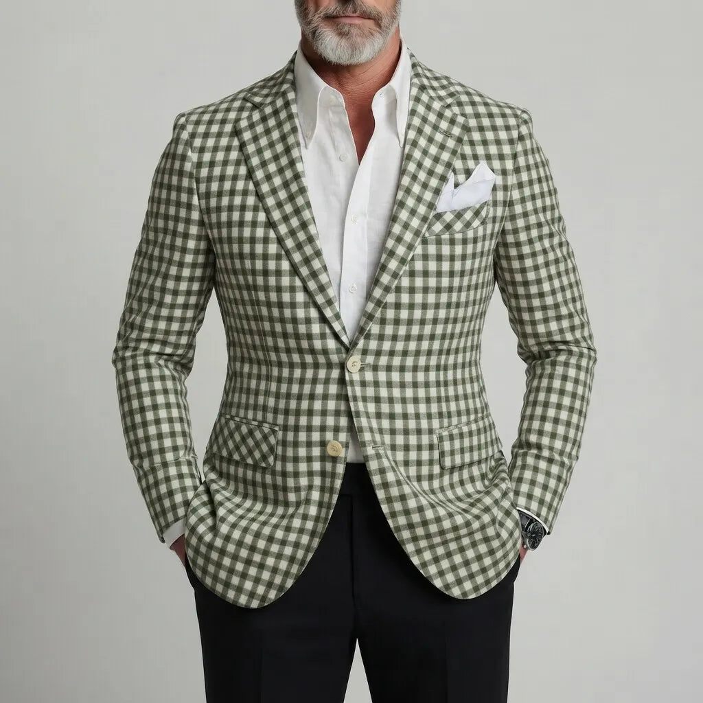 Men's Classic Green Gingham Print Single Breasted Notch Lapel Slim Fit Blazer