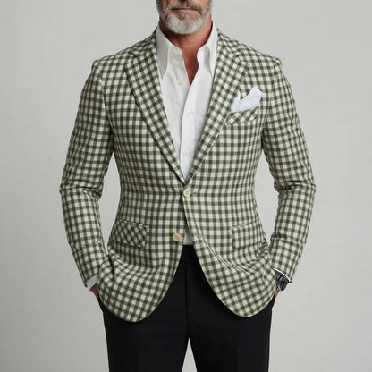 Men's Classic Green Gingham Print Single Breasted Notch Lapel Slim Fit Blazer
