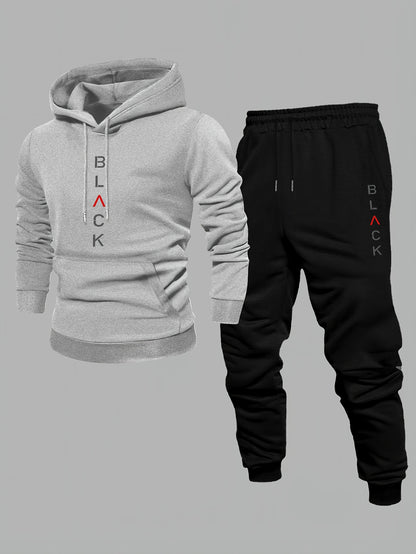 Men's Casual Color Matching Printed Hoodies Long Sleeved Sweatshirts & Sweatpants Two-Piece Set
