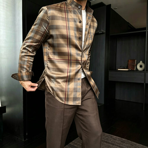 Men's Casual Small Check Print Stand-Collar Long-Sleeve Shirt and Pants Two-Piece Set