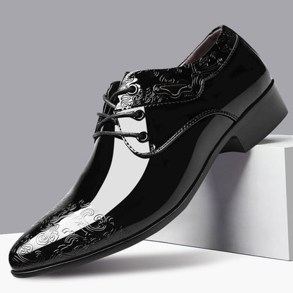 Men's Business Formal Casual Pointed Toe Carved Slip-on Patant Faux Leather Shoes
