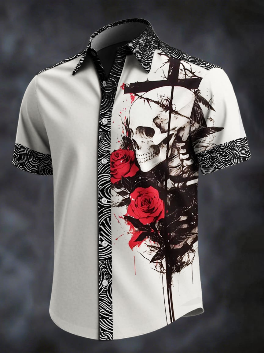 Men's Retro Skull Print Lapel Short Sleeve Shirt