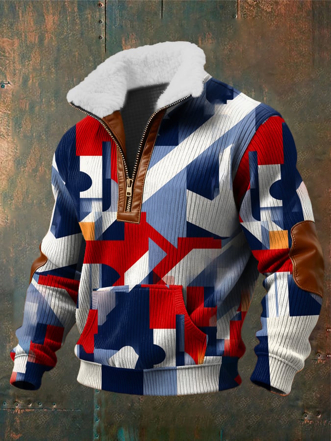 Men's Retro Abstract Art Print Zippered Fur Collar Pocket Patchwork Long-Sleeved Sweatshirt