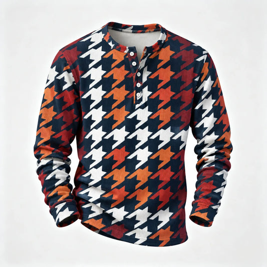 Men's Checkered Long-Sleeve Henley Shirt