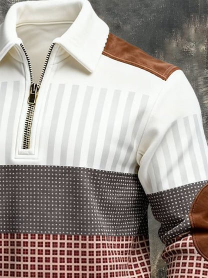 Men's Retro Color Block Print Zipper Sweatshirt