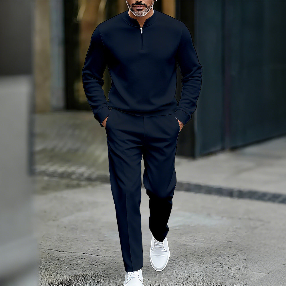 Men's Casual Solid Color Round-Neck Zipper Long Sleeved Trousers Two-Piece Set