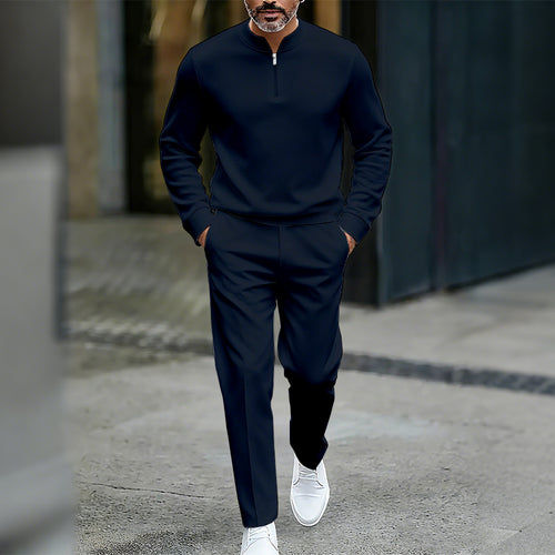 Men's Casual Solid Color Round-Neck Zipper Long Sleeved Trousers Two-Piece Set