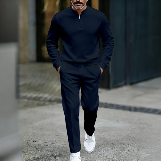 Men's Casual Solid Color Round-Neck Zipper Long Sleeved Trousers Two-Piece Set