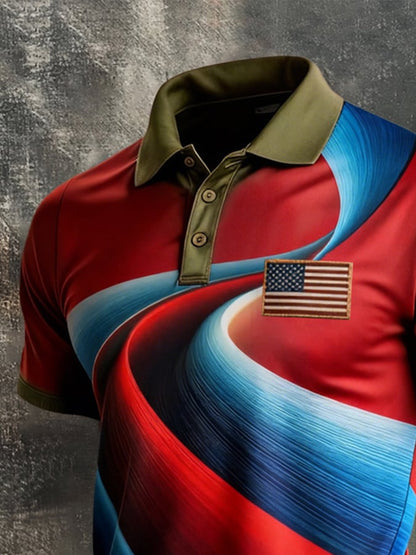 Men's Retro Patriot Color Block Polo Collar Short Sleeve