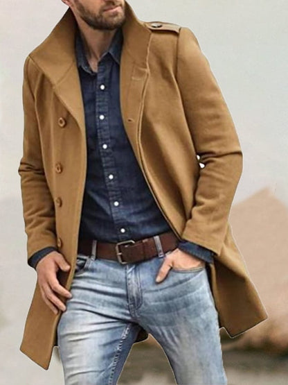 Men's Fashion Casual Standing Collar Double Breasted Faux Wool Coat
