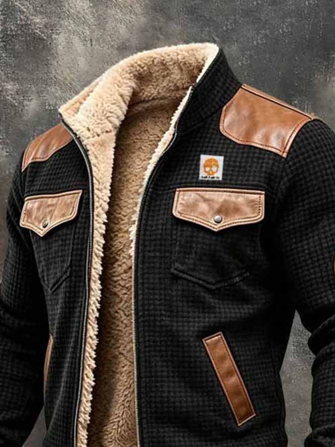 Men's Retro Waffle-Knit & Leather Panel Fleece-Lined Warm Outdoor Jacket