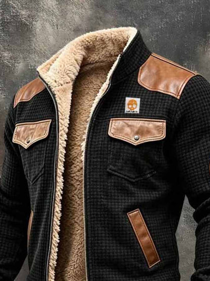 Men's Retro Waffle-Knit & Leather Panel Fleece-Lined Warm Outdoor Jacket