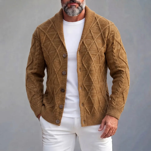 Men's Brown Diamond Pattern Shawl Lapel Single Breasted Cable Knit Sweater Cardigan