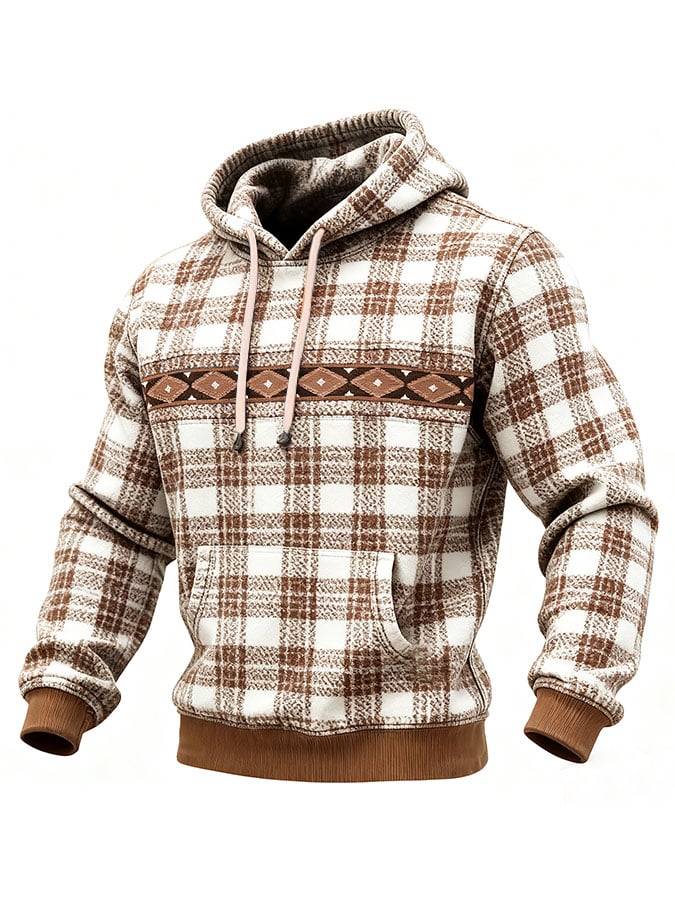 Men's Casual Retro Plaid Print Long Sleeve Hooded Sweatshirt