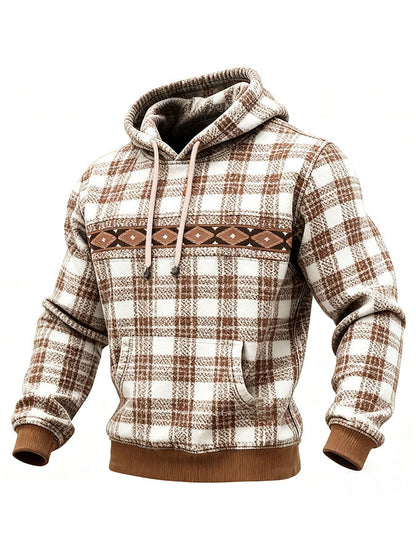 Men's Casual Retro Plaid Print Long Sleeve Hooded Sweatshirt