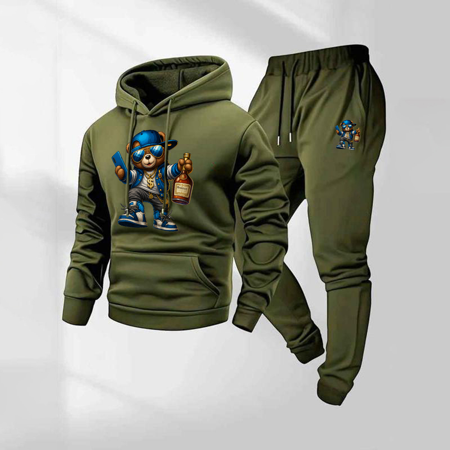 Men's Cartoon Bear Patterned Hoodie And Drawstring Track Pants Set, Men's Casual Athletic Long-Sleeved Hooded Jacket And Pants, Suitable For Fall And Winter, Street Style Hoodie Set, Men's Everyday Wear, Indoor And Outdoor Sportswear,