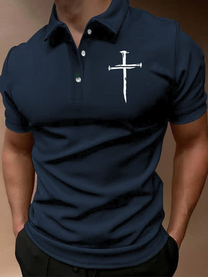 Men's Casual Cross Print Button Collar Polo Top