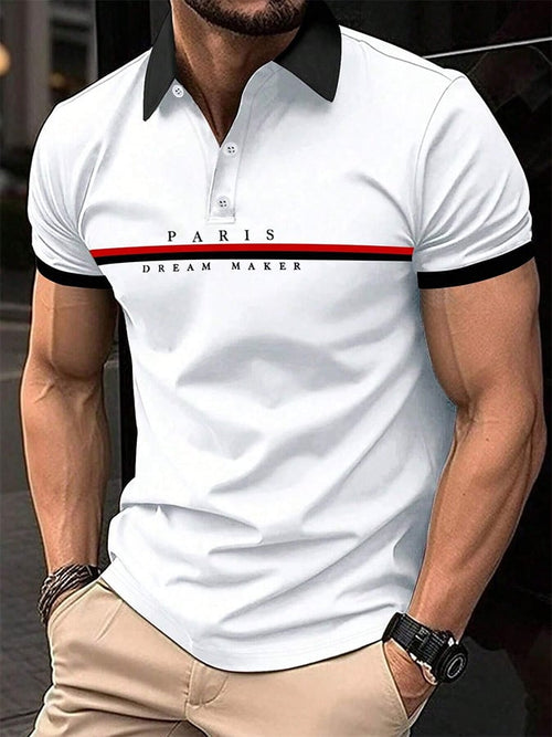 Men's Letter Stripe Printed Casual Polo Shirt