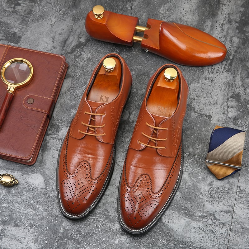 Men'S Business Casual Baroque Pointed Lace Up Leather Shoes