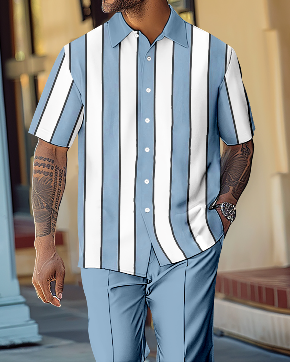 Men's Retro Colorblock Short Sleeve Shirt Walking Suit 1159