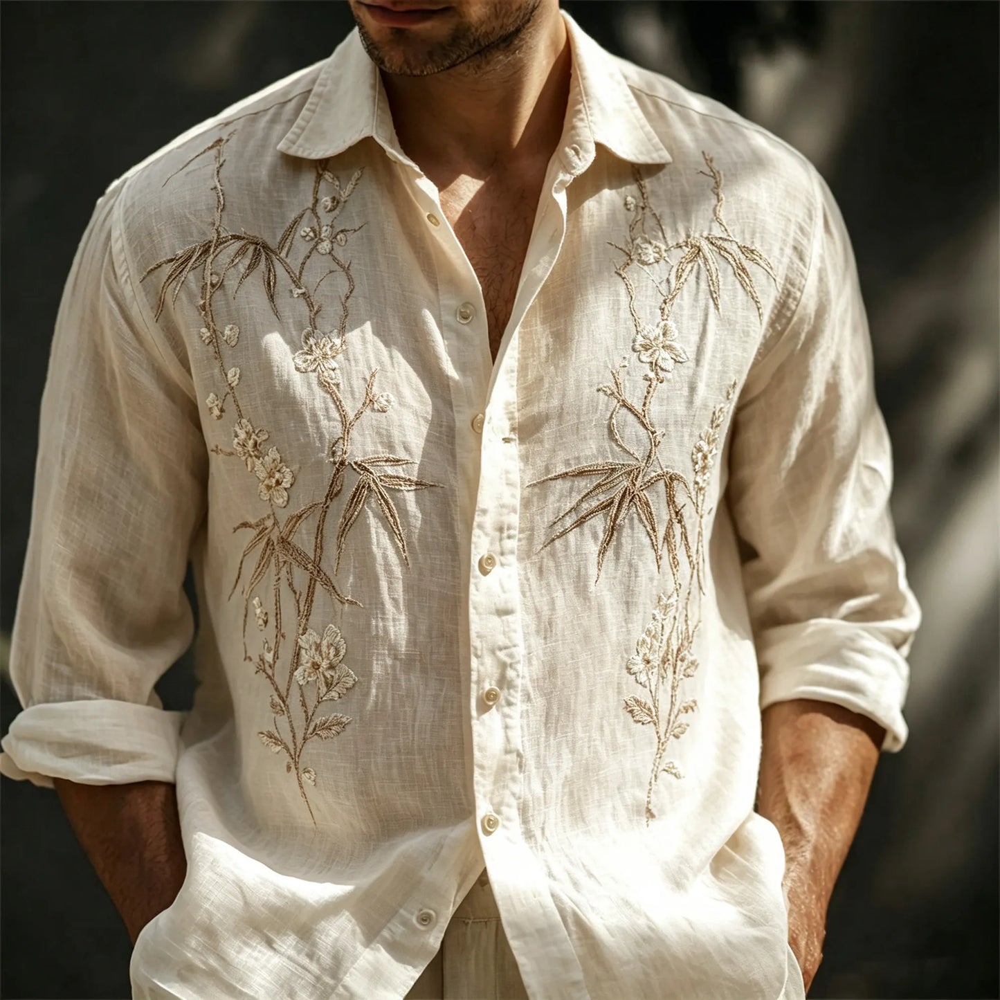 3d Embroidery Bamboo Floral Linen Shirt For Men, Vintage Lightweight Long Sleeve Shirt