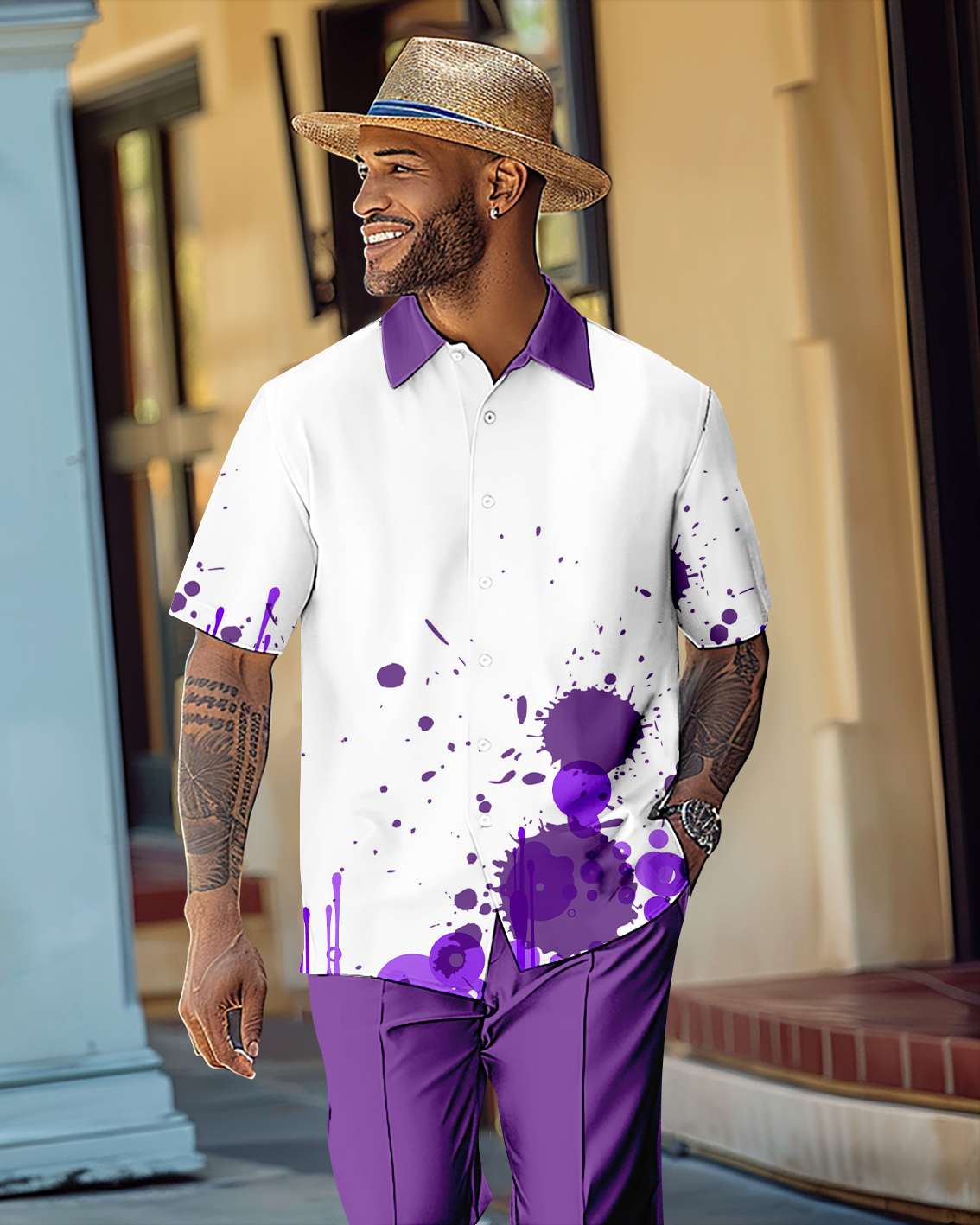 Men's Gorgeous Color Block Short Sleeve Shirt Walking Suit 1077