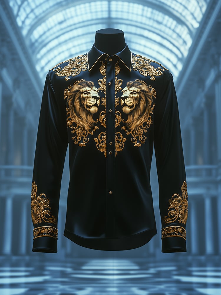 Men's Satin Luxe Lion Baroque Long Sleeve Button Down Shirt