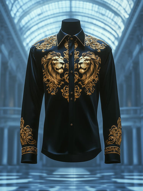 Men's Satin Luxe Lion Baroque Long Sleeve Button Down Shirt