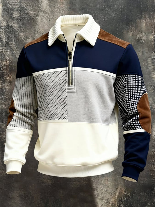 Men's Retro Color Block Print Color-Blocked Zip-Up Sweatshirt